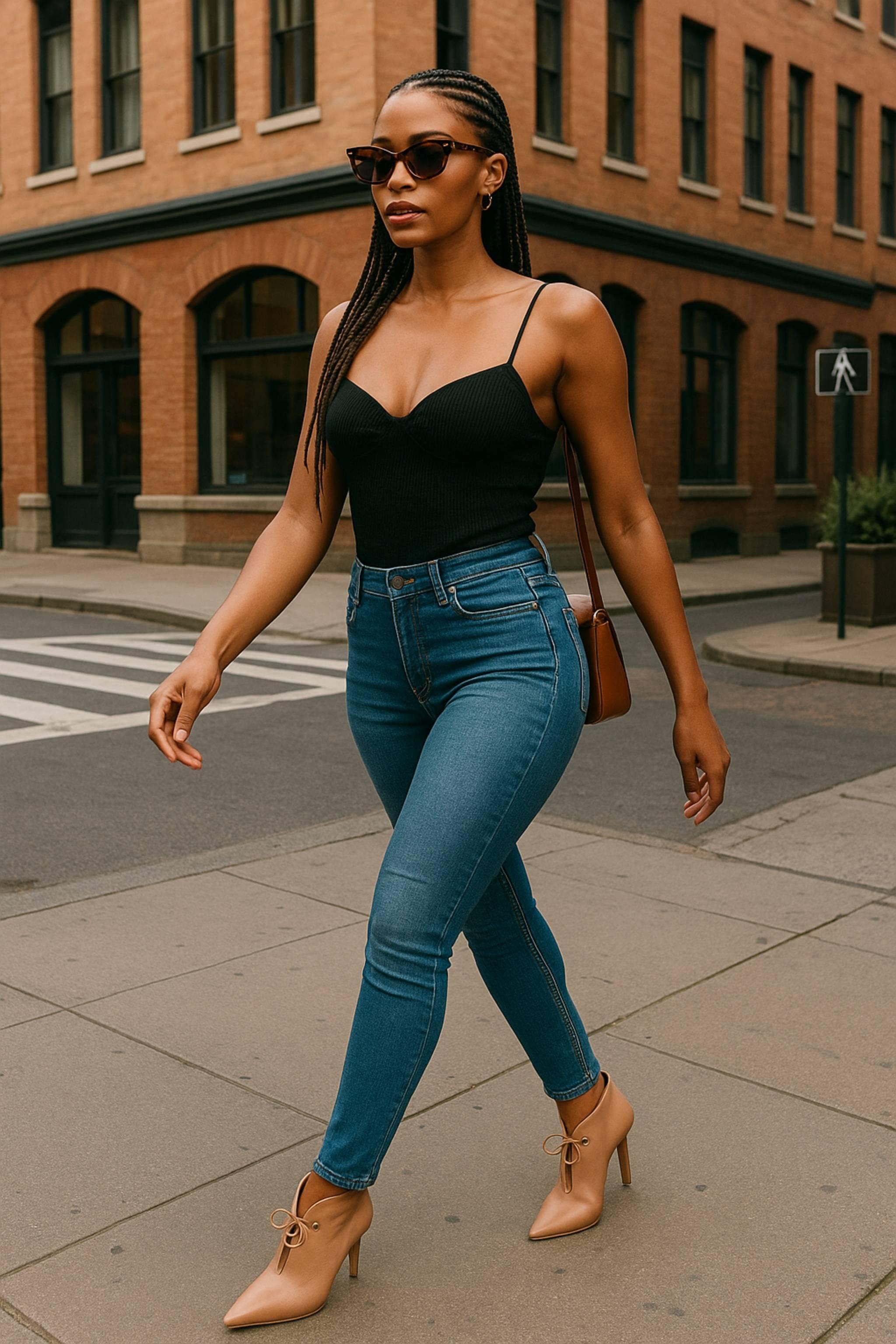 Woman walking confidently in Oh! Divine nude stiletto heels and skinny jeans, showcasing elegant Afro-luxury street style.