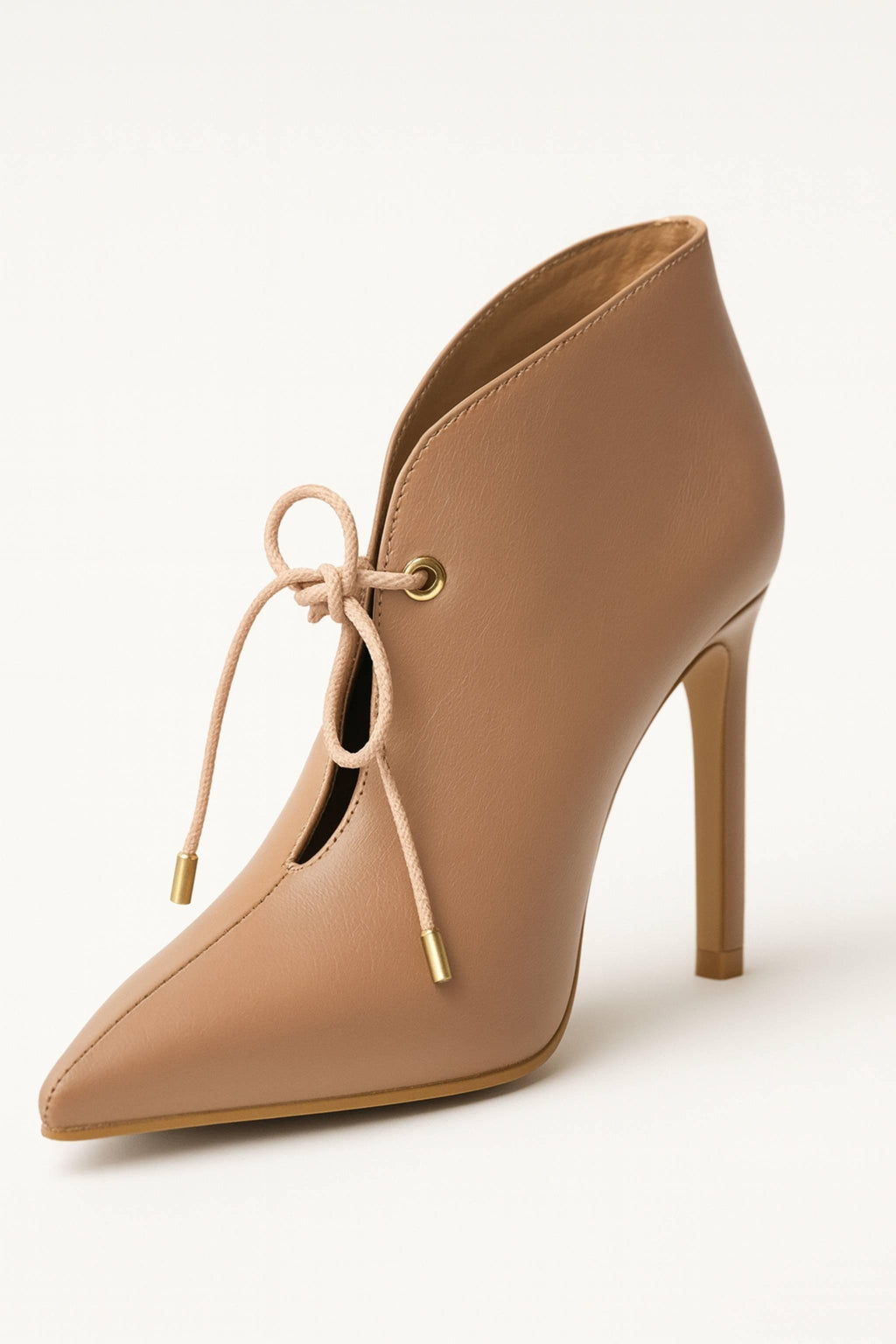 Oh! Divine nude pointed stiletto heel side profile showing refined high-heel arch and gold-accented lace tip.