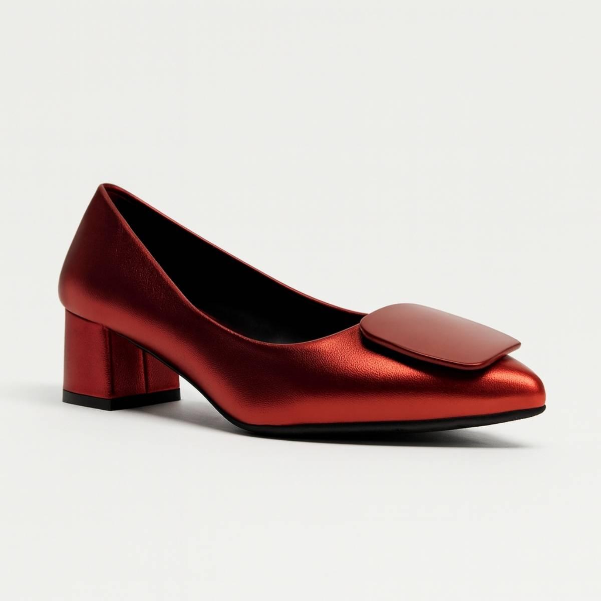 Angled view of Amani Crimson Block Heels featuring metallic red finish and block heel
