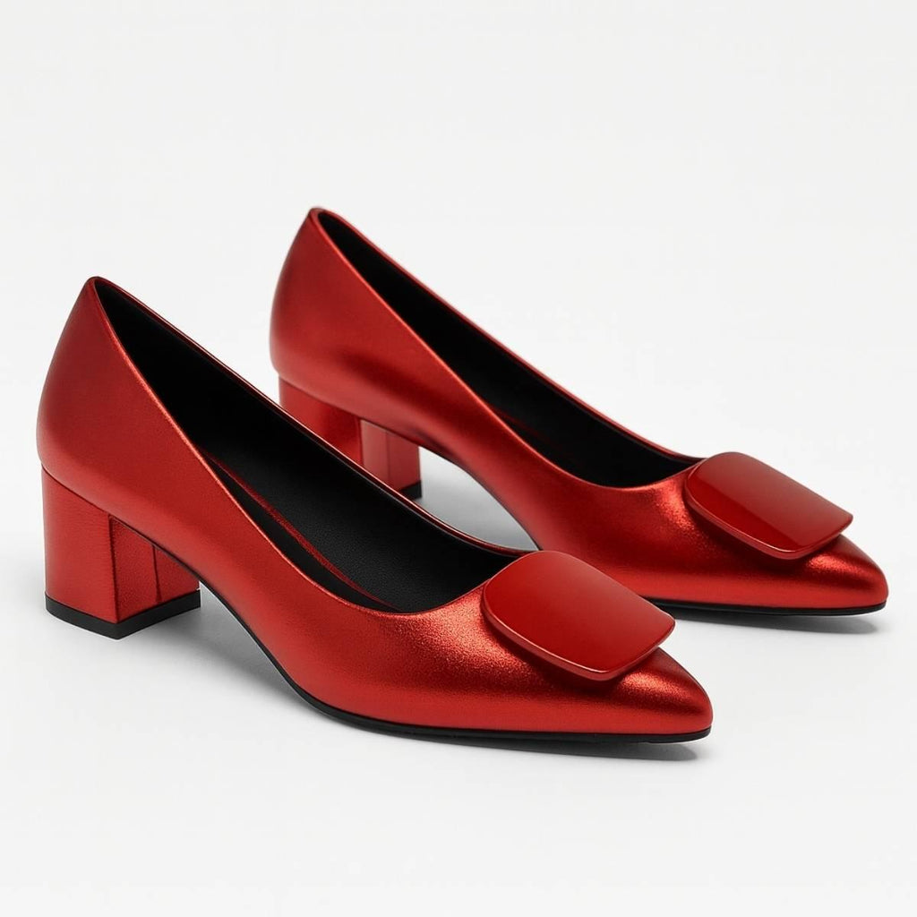 Amani Crimson Block Heels displayed at a double angle highlighting the square toe and glossy texture