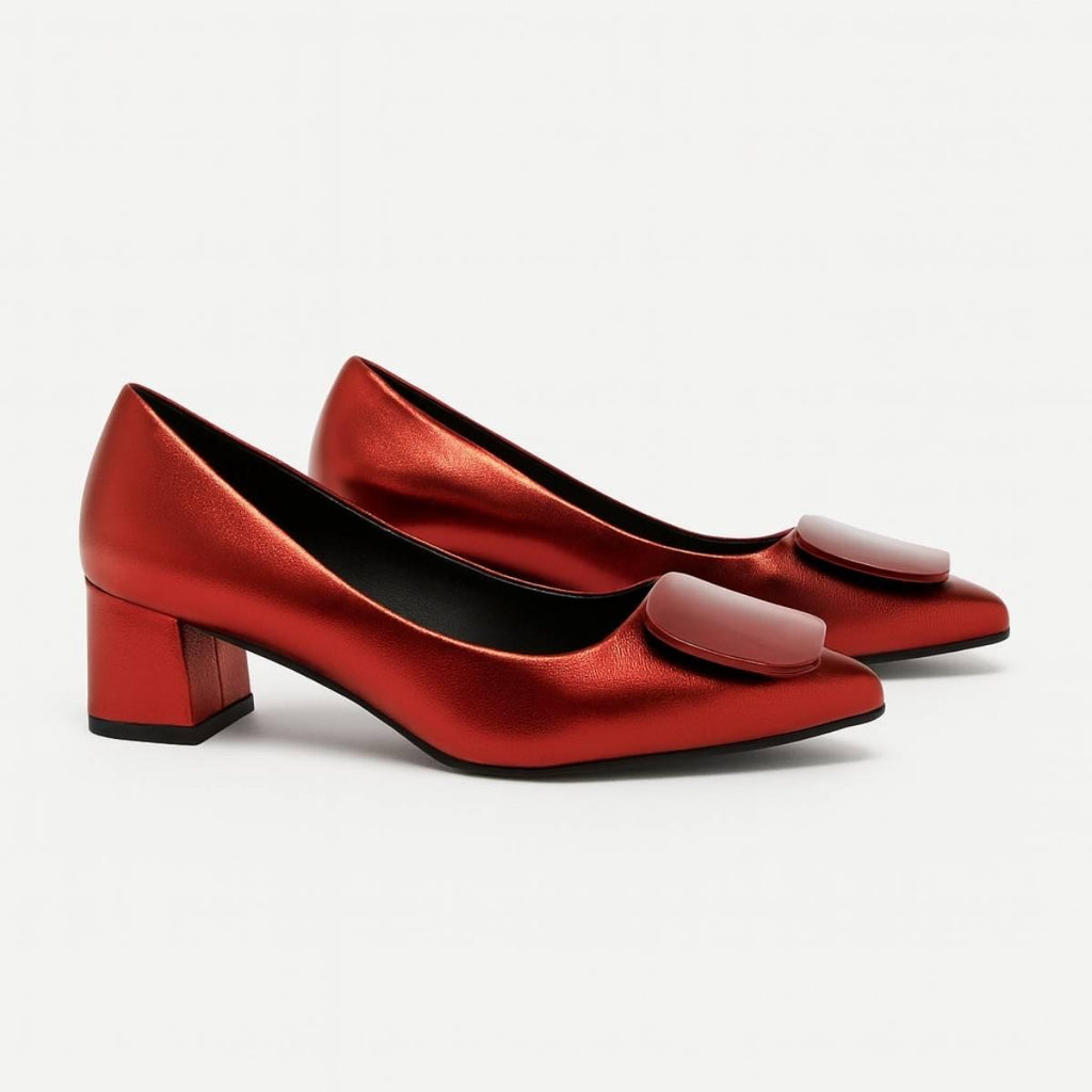 Pair of Amani Crimson Block Heels showcasing bold metallic red shine and sculpted block heel
