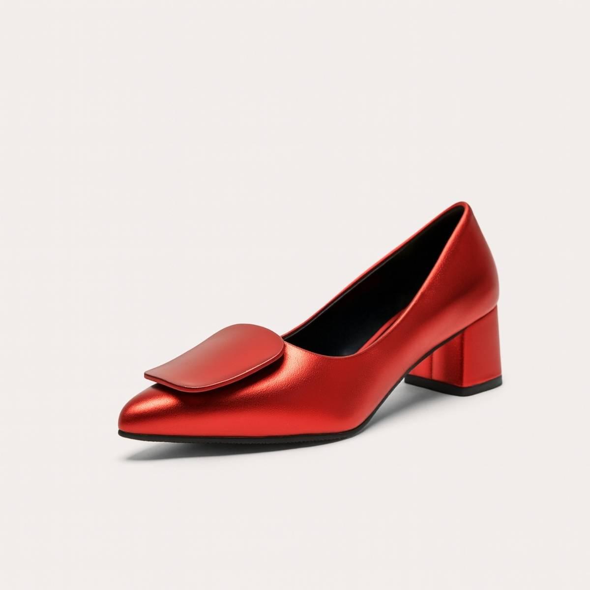 Profile view of Amani Crimson Block Heels in metallic red — elegant women’s fashion heel