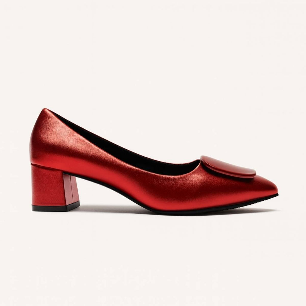 Side view of Amani Crimson Block Heels in metallic red by Oh! Divine Fashion
