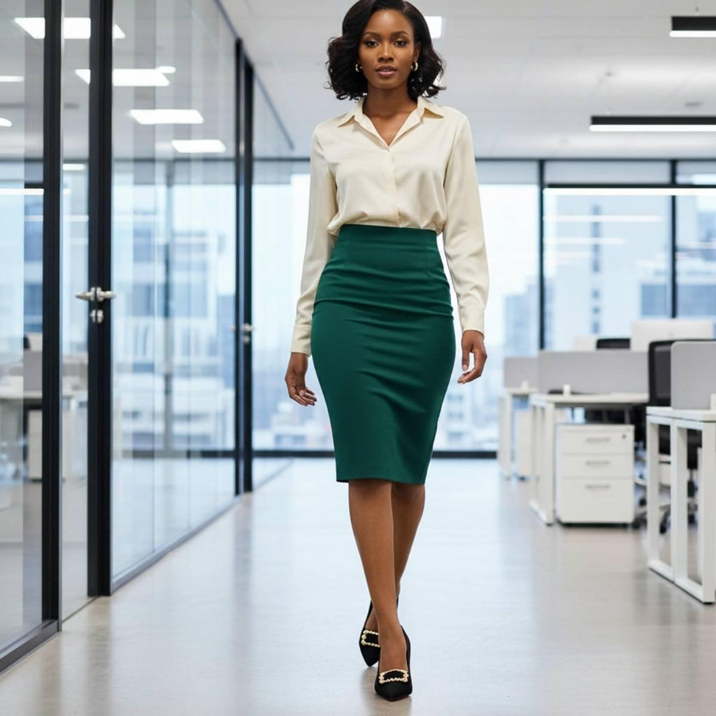 Model wearing Amara Noir Chain Block Heels with emerald pencil skirt and cream blouse in office.