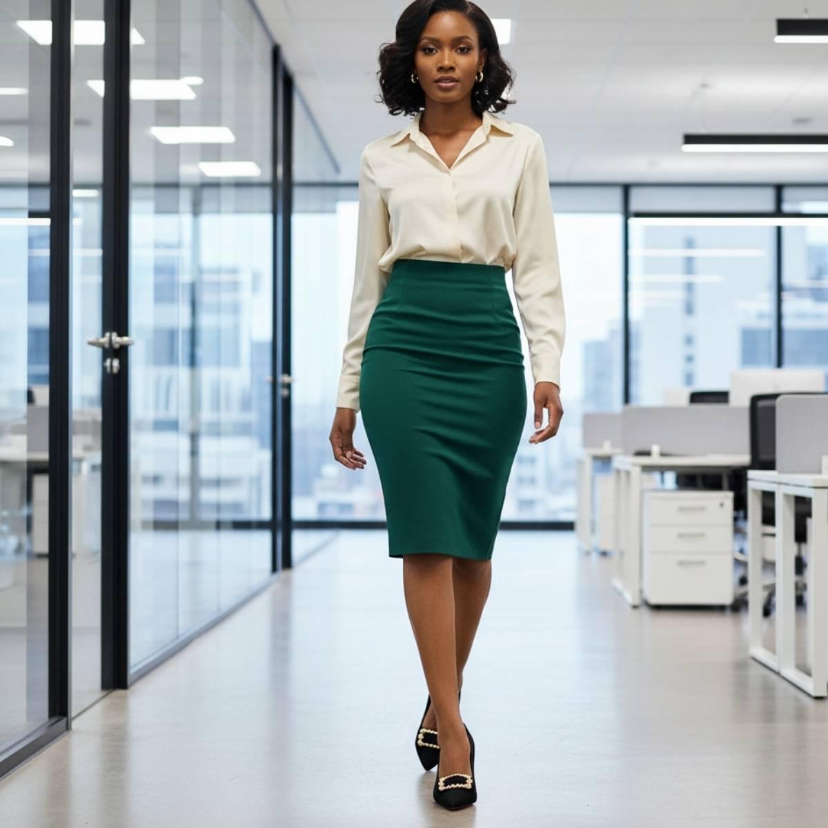 Model wearing Amara Noir Chain Block Heels with emerald pencil skirt and cream blouse in office.
