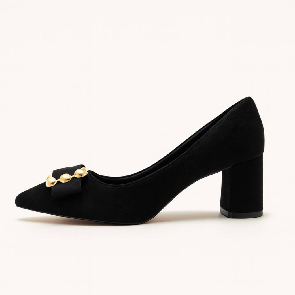 Side profile of black Amara Noir Chain Block Heels featuring pointed toe and chunky heel.