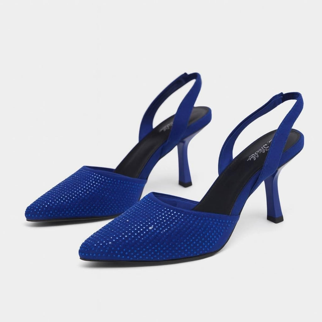 Angled view of Amara Sapphire Slingback Stilettos highlighting satin texture and shimmer finish