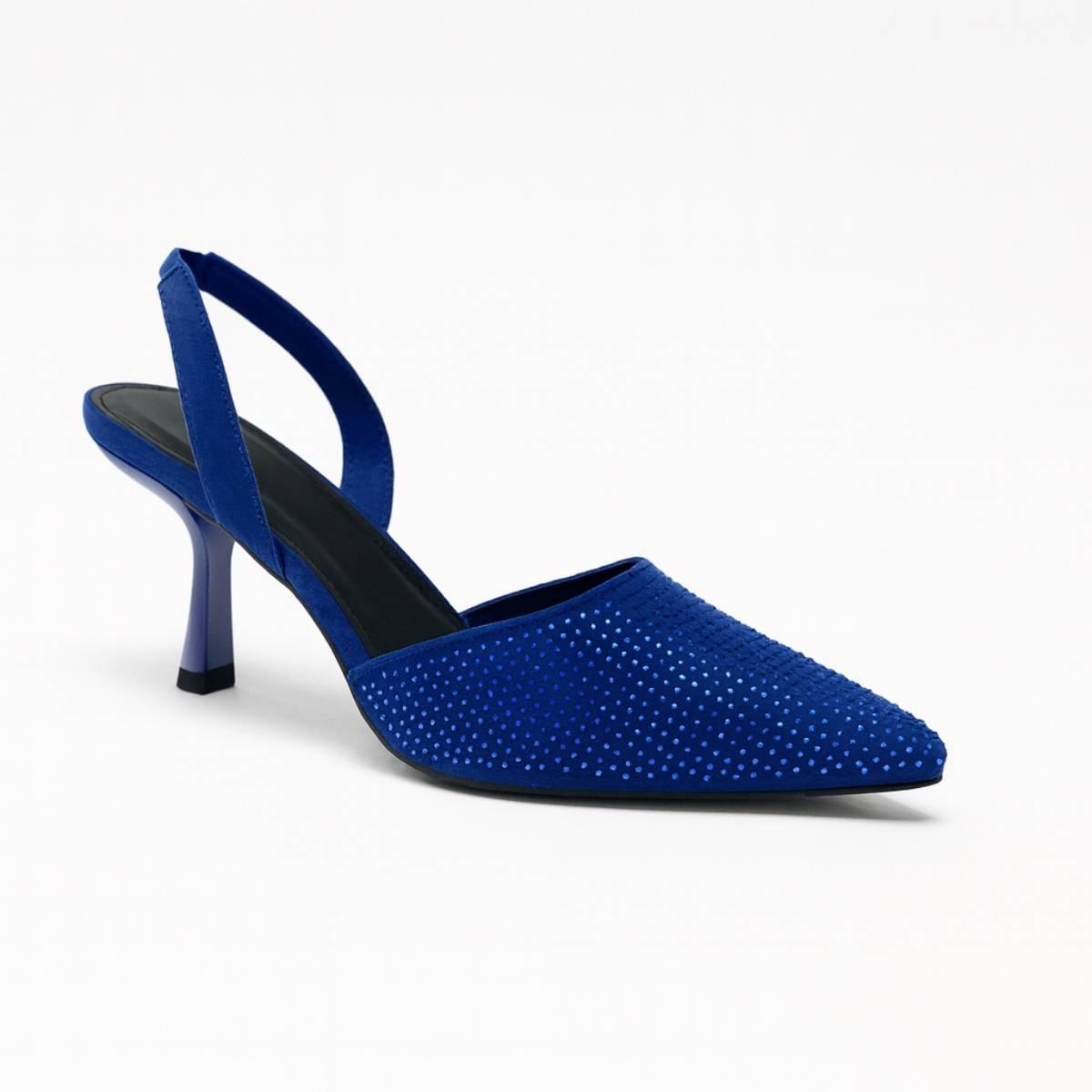 Angled view of Amara Sapphire Slingback Stilettos highlighting satin texture and shimmer finish