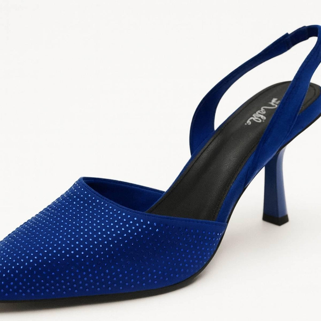 Close-up of Amara Sapphire Slingback Stiletto showcasing fine crystal embellishments