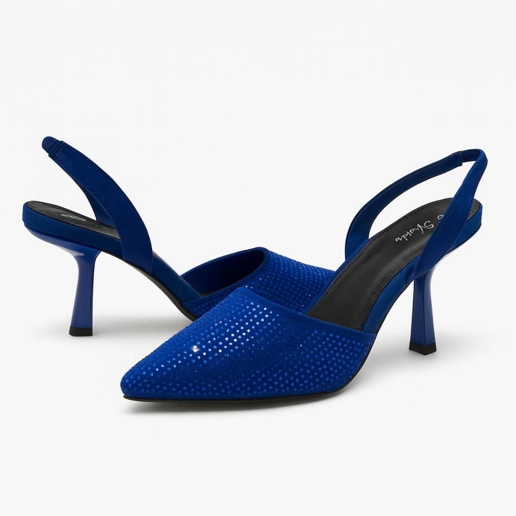 Pair of Amara Sapphire Slingback Stilettos with pointed toe and blue rhinestone finish