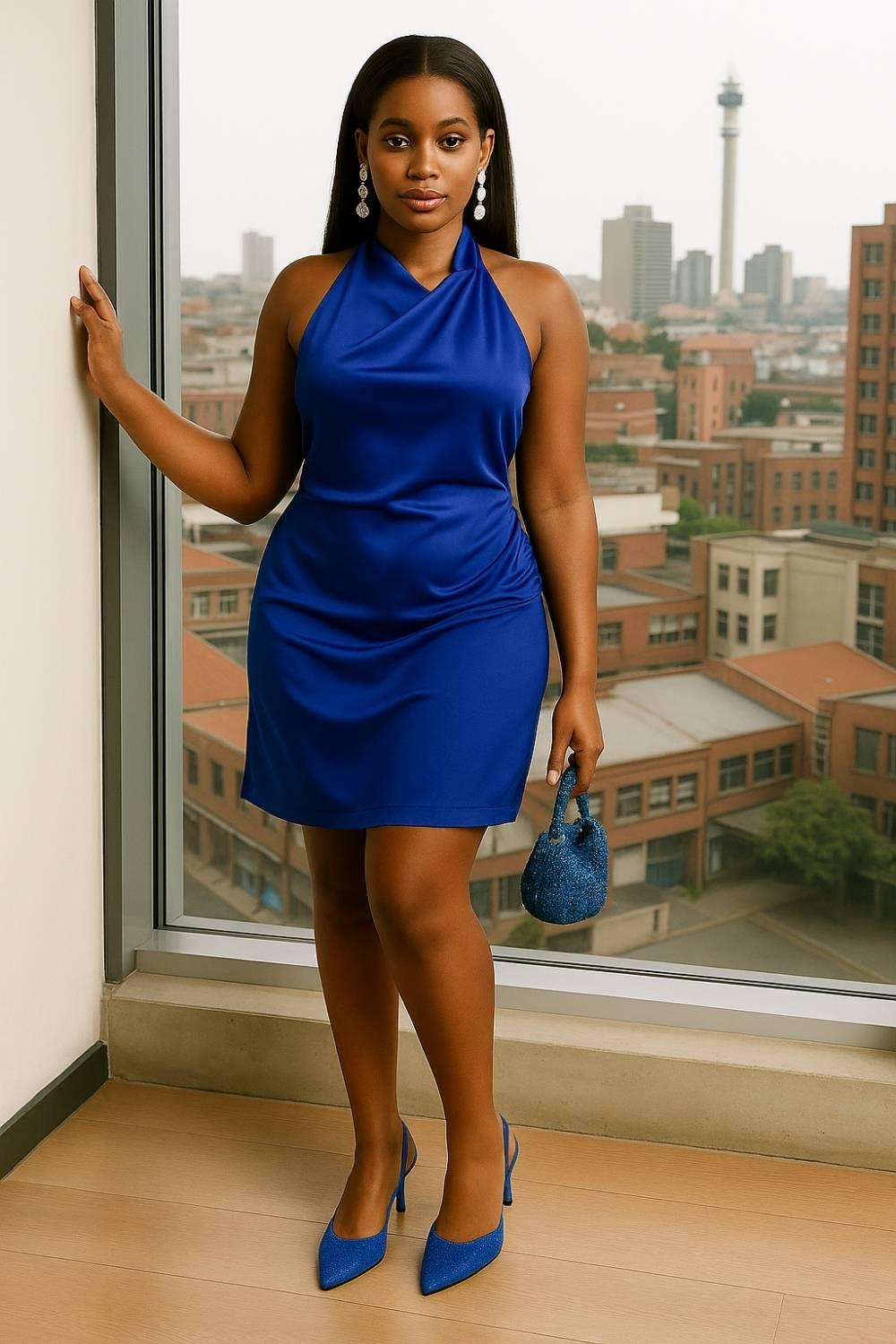 Model wearing Amara Sapphire Slingback Stilettos with matching royal blue dress by Oh! Divine Fashion