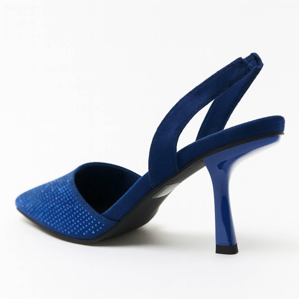 Rear angled view of Amara Sapphire Slingback Stiletto showing sleek heel design
