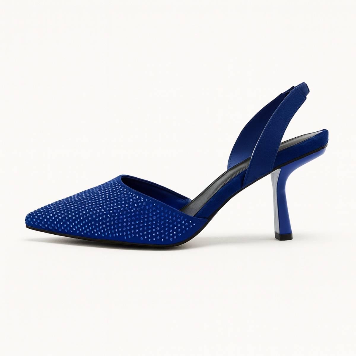 Side profile of Amara Sapphire Slingback Stilettos showing sleek pointed toe and curved heel