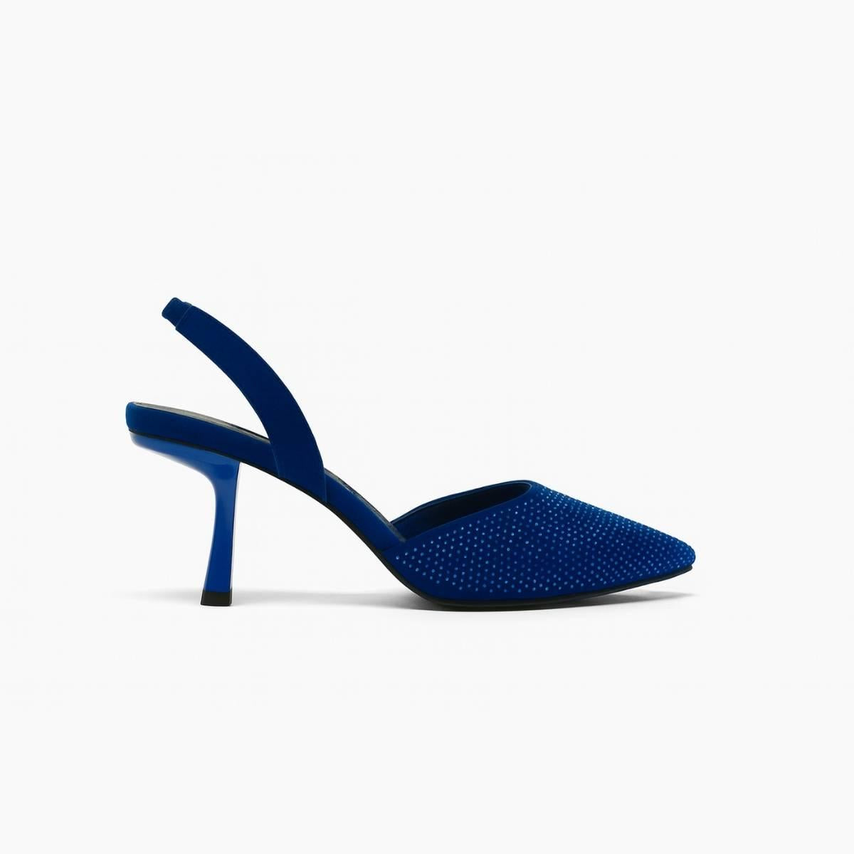 Side view of Amara Sapphire Slingback Stilettos featuring elegant sculpted heel