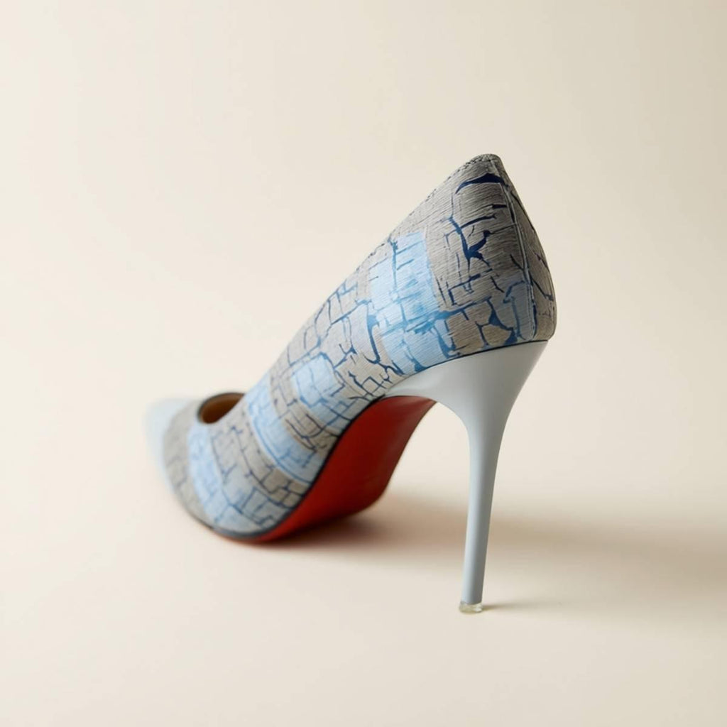 Angled side view of Amara Textured Sky Heels showing elegant high stiletto and glossy blue pattern.