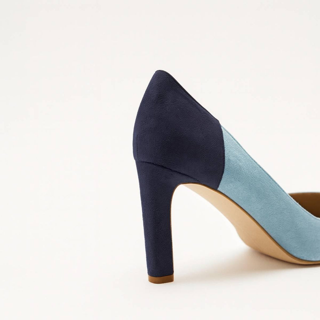 Back view of Aria Blue Two-Tone Suede Heels showing textured navy heel and smooth finish.
