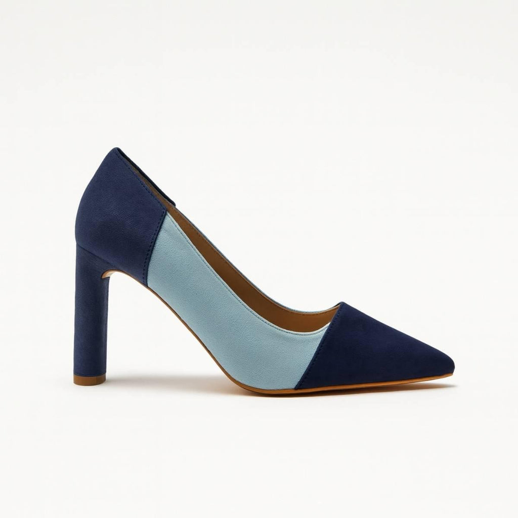 Aria Blue Two-Tone Suede Heels featuring pointed toe and block heel design by Oh! Divine Fashion.