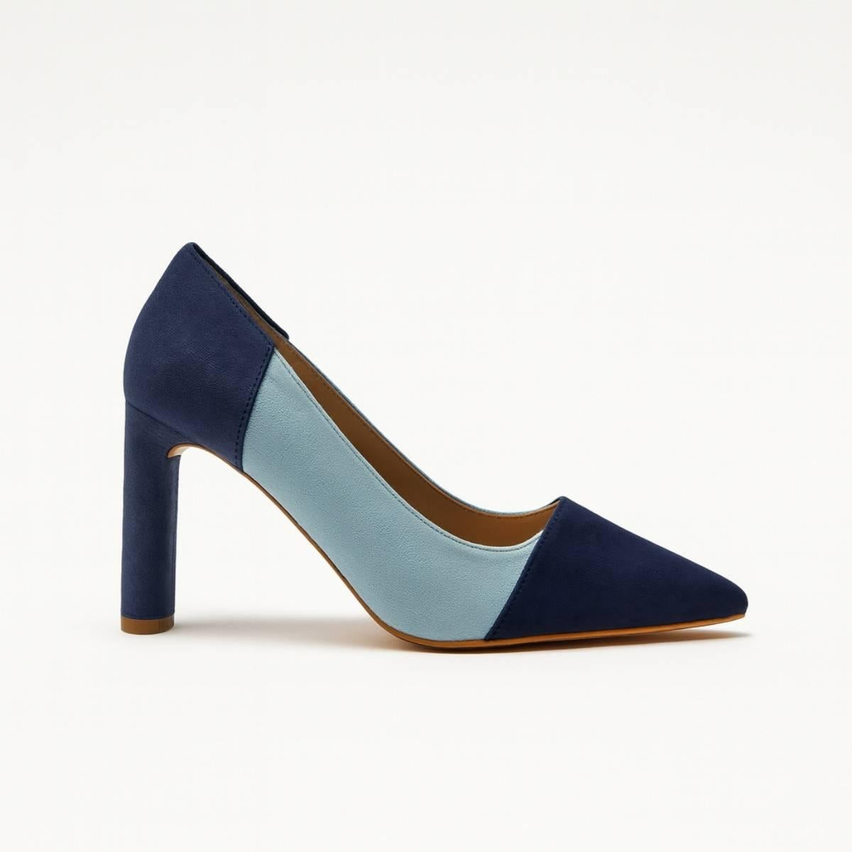 Aria Blue Two-Tone Suede Heels featuring pointed toe and block heel design by Oh! Divine Fashion.