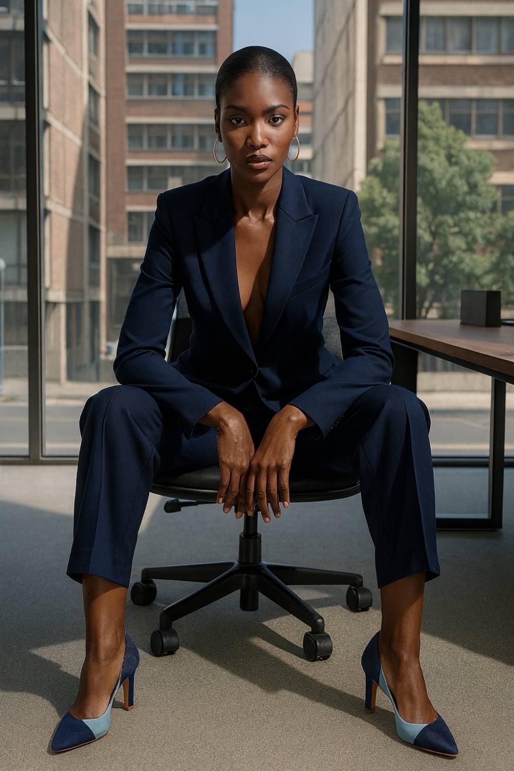 Model wearing Aria Blue Two-Tone Suede Heels with navy suit — elegant office look.