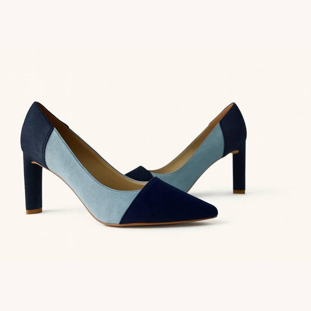 Pair of Aria Blue Two-Tone Suede Heels in navy and sky blue faux suede from Oh! Divine Fashion.