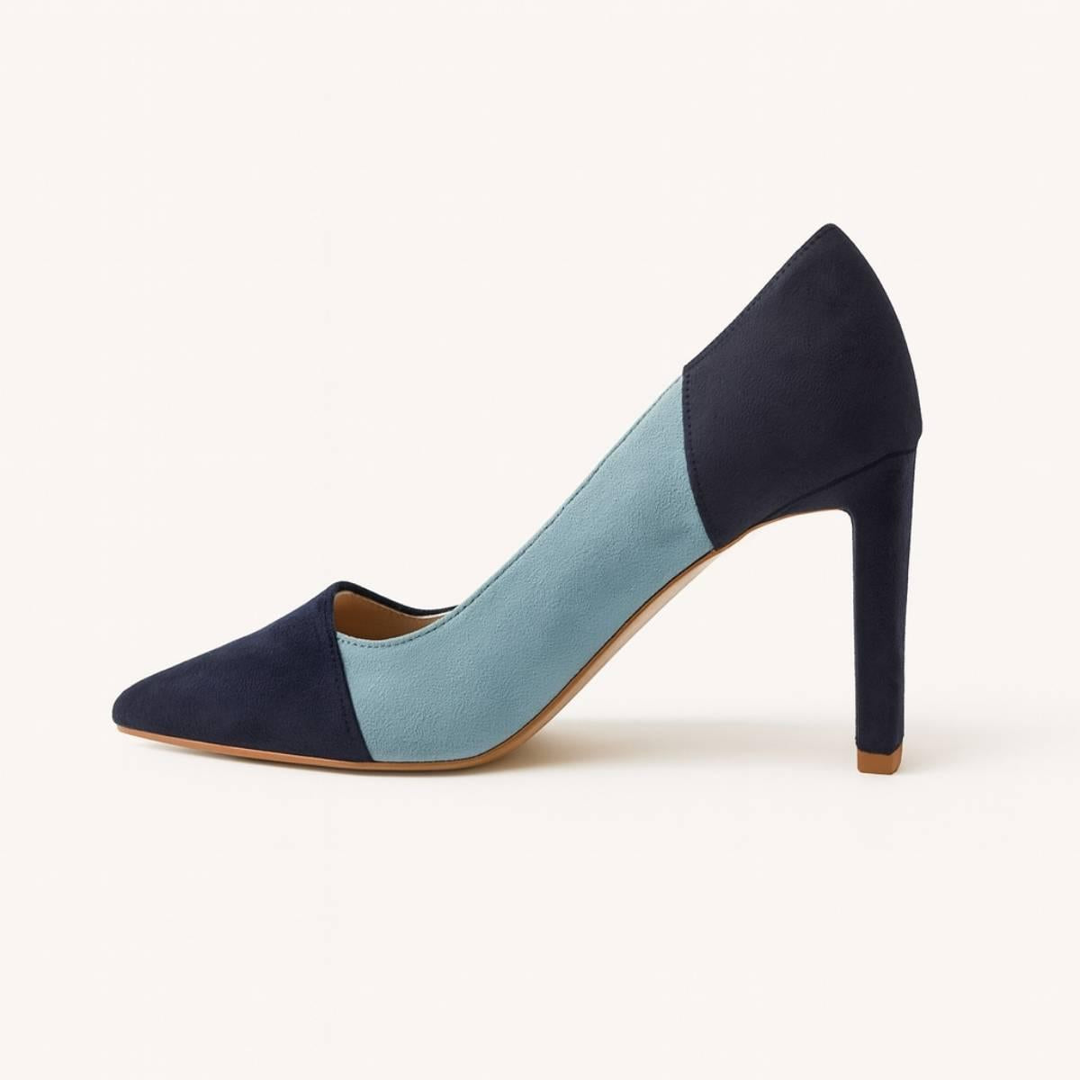 Aria Blue Two-Tone Suede Heels side profile in navy and sky blue by Oh! Divine Fashion.