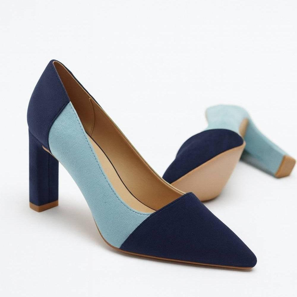 Studio shot of Aria Blue Two-Tone Suede Heels in navy and sky blue from Oh! Divine Fashion.