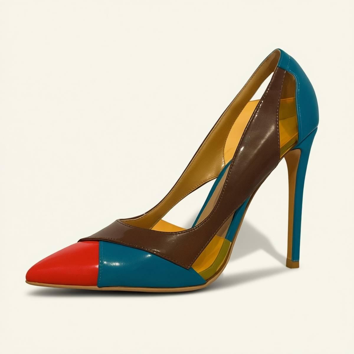 Angled view of Aria Colour Block Stiletto highlighting the glossy tri-tone finish and sculpted high heel design.