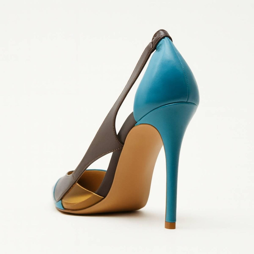 Rear view of Aria Colour Block Stiletto featuring a teal patent heel and seamless sculptural silhouette.