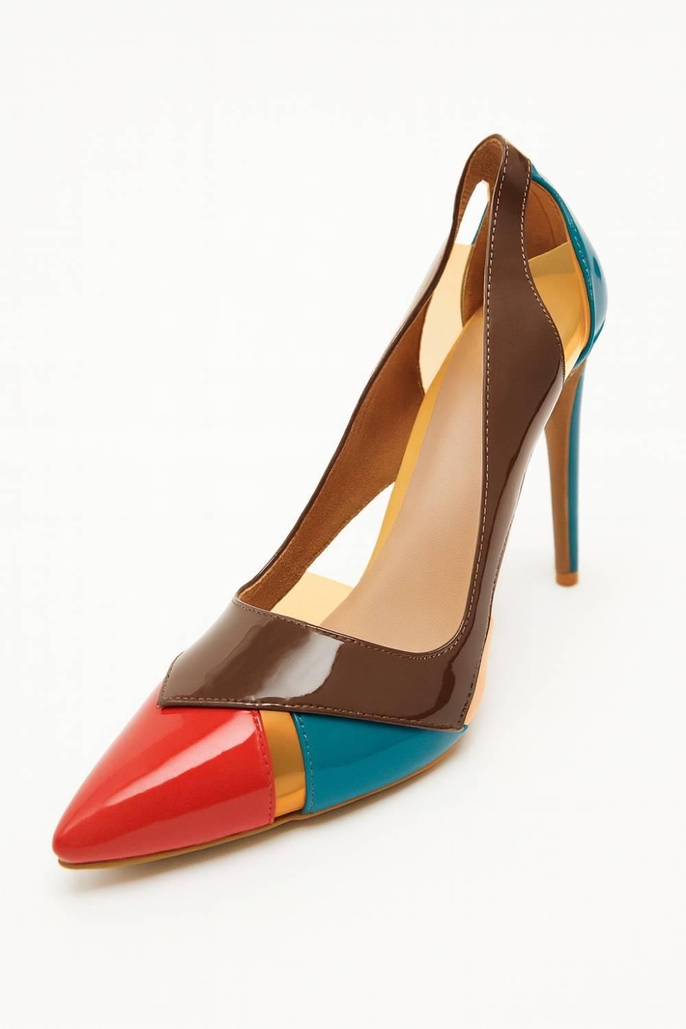 Front close-up of Aria Colour Block Stiletto highlighting its sharp pointed toe and contrast color-block patent finish.
