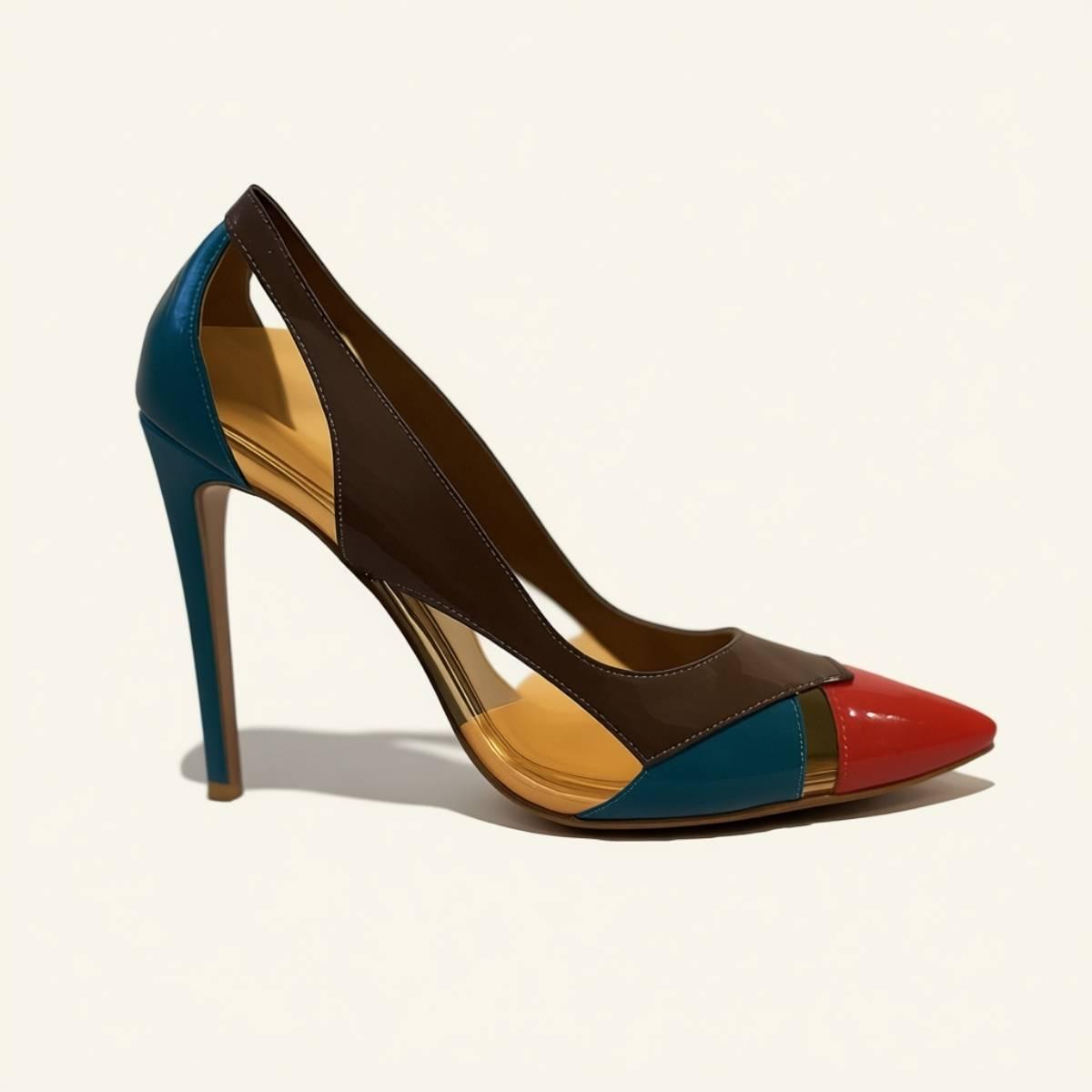 Close-up of Aria Colour Block Stiletto showcasing its high-gloss patent leather and bold modern cutout design.
