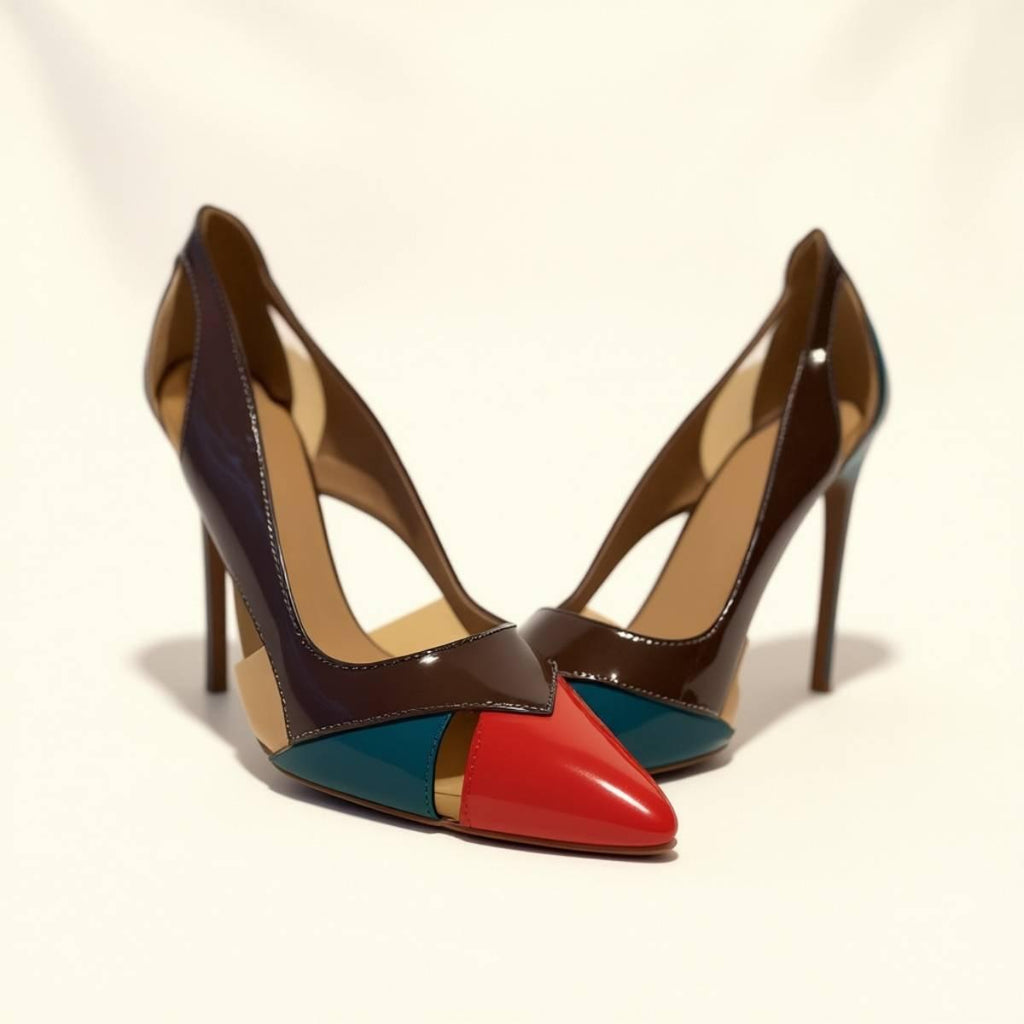 Pair of Aria Colour Block Stilettos with red pointed toes and teal-brown contrast panels on a soft cream backdrop.
