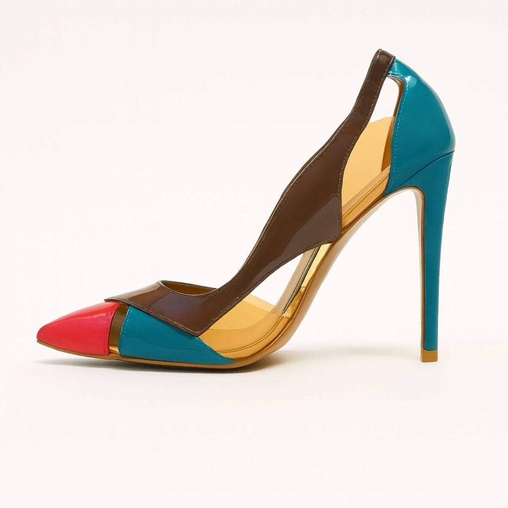 Aria Colour Block Stiletto side view showing patent brown, teal, and coral-red panels with a sleek pointed toe.