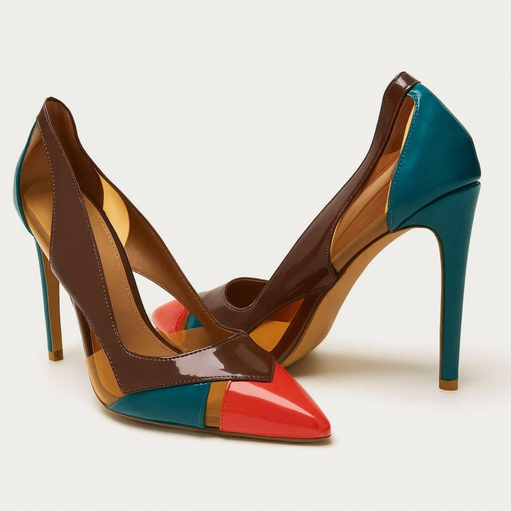 Two Aria Colour Block Stilettos displayed together, emphasizing vibrant red, teal, and brown tones with sleek lines.