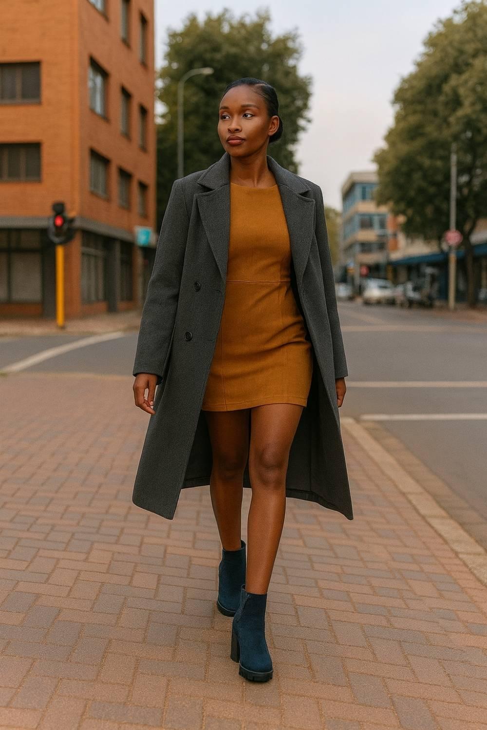 Model wearing Celeste Navy Block Heel Ankle Boots styled with a mustard dress and grey coat.