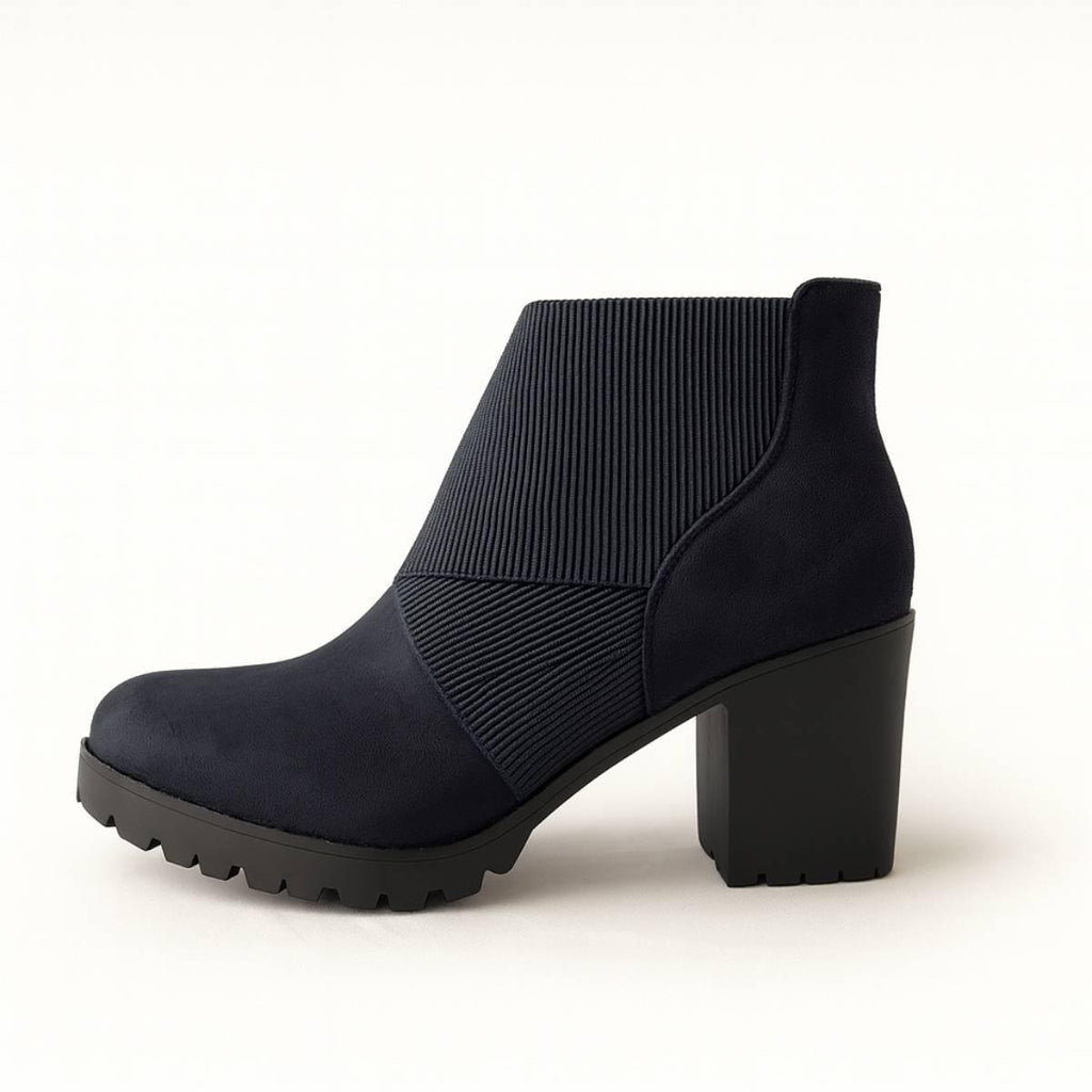 Side profile of Celeste Navy Block Heel Ankle Boots in smooth suede from Oh! Divine Fashion.