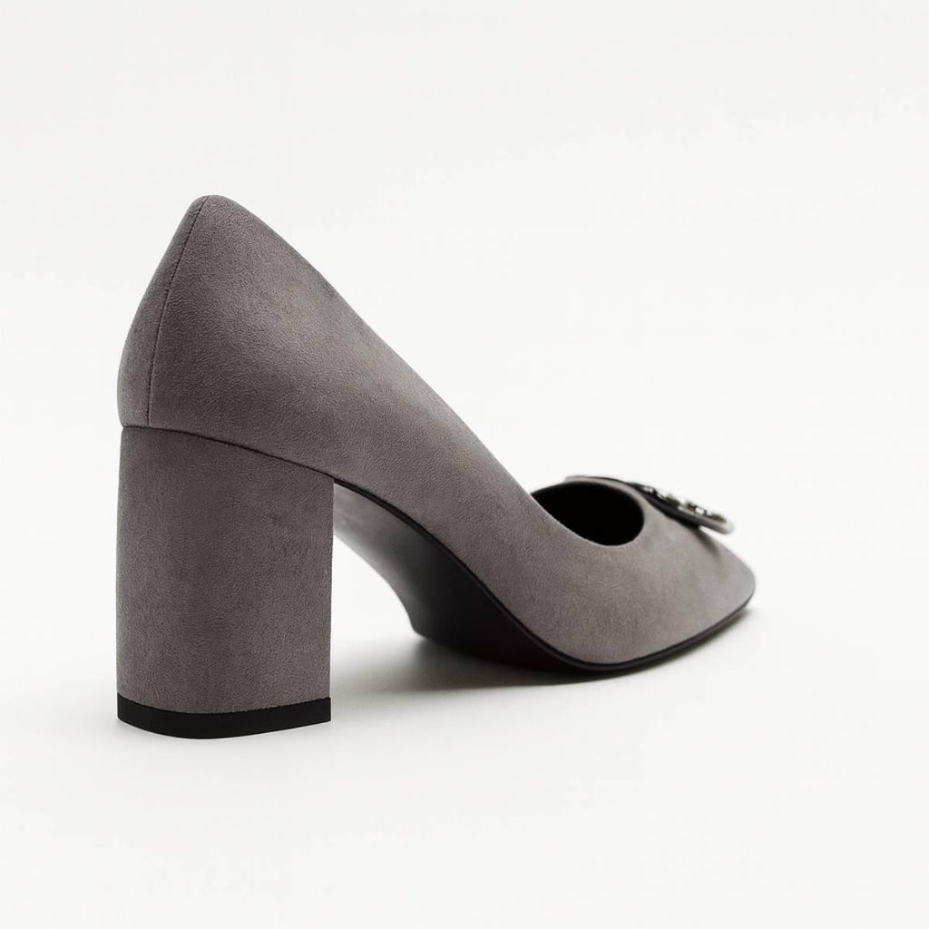 Back angle of Charcoal Grace Block Heels showing structured heel and smooth suede finish.