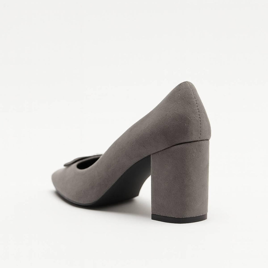 Rear view of Charcoal Grace Block Heels emphasizing craftsmanship and sleek structure.