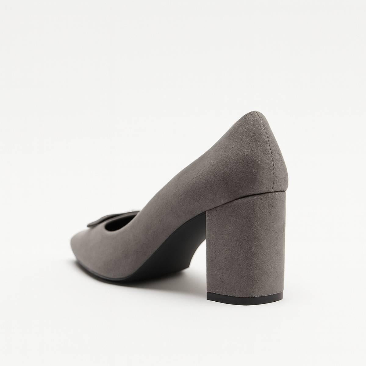 Rear view of Charcoal Grace Block Heels emphasizing craftsmanship and sleek structure.