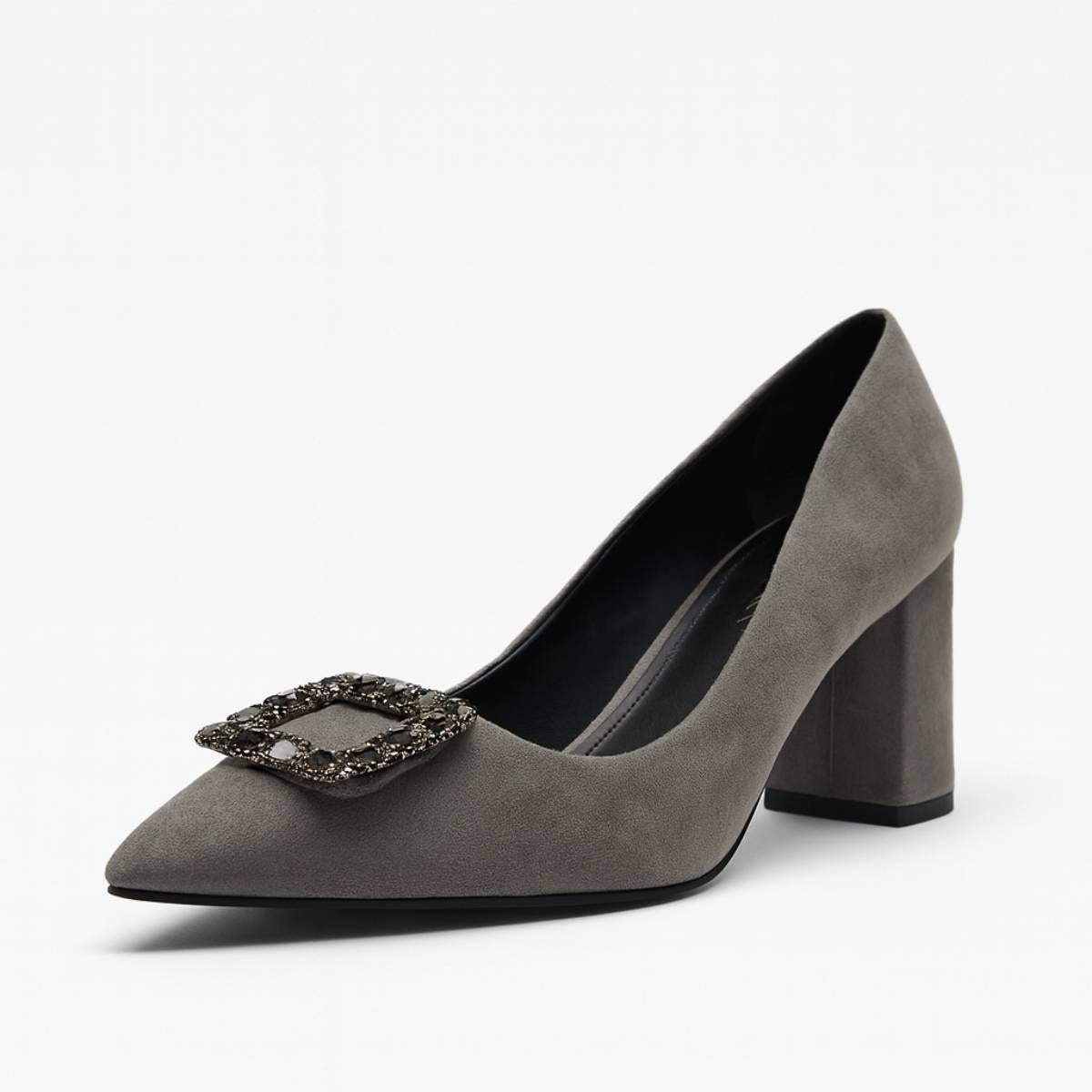 Front angled shot of Charcoal Grace Block Heels with elegant crystal buckle accent.