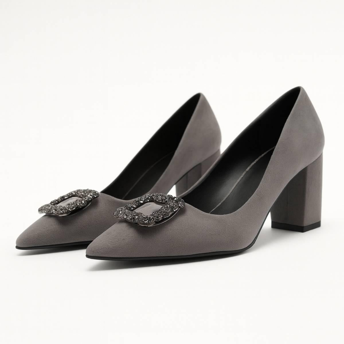 Pair of Charcoal Grace Block Heels in grey suede with crystal buckle detail from Oh! Divine Fashion.