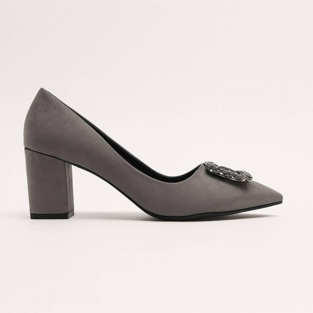 Charcoal Grace Block Heels side profile highlighting block heel and pointed toe silhouette.