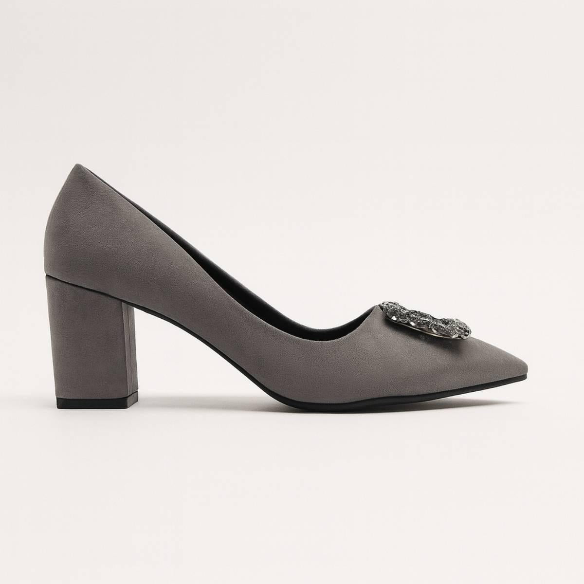 Charcoal Grace Block Heels side profile highlighting block heel and pointed toe silhouette.