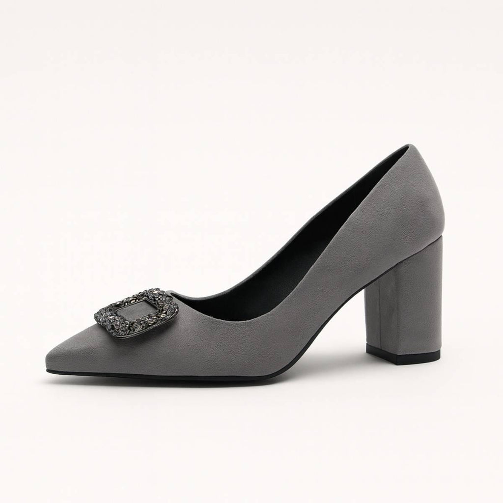 Charcoal Grace Block Heels in charcoal grey suede with crystal buckle and block heel.