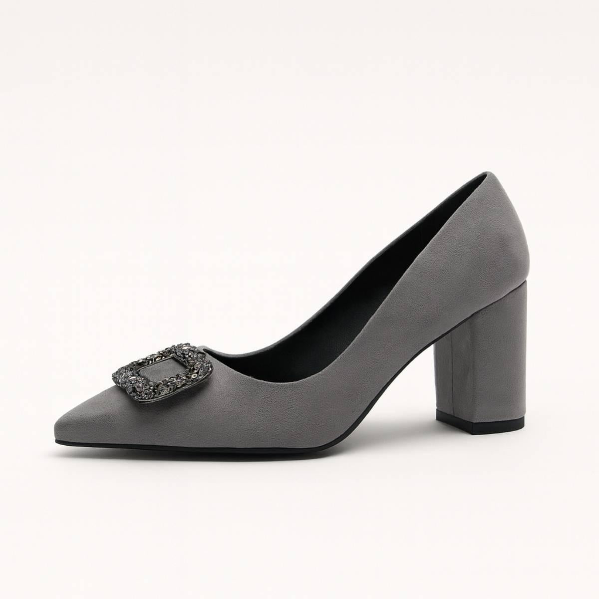 Charcoal Grace Block Heels in charcoal grey suede with crystal buckle and block heel.