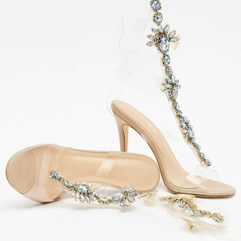 Flatlay of Crystal Veil Stiletto Heels highlighting clear design and crystal gemstone embellishments
