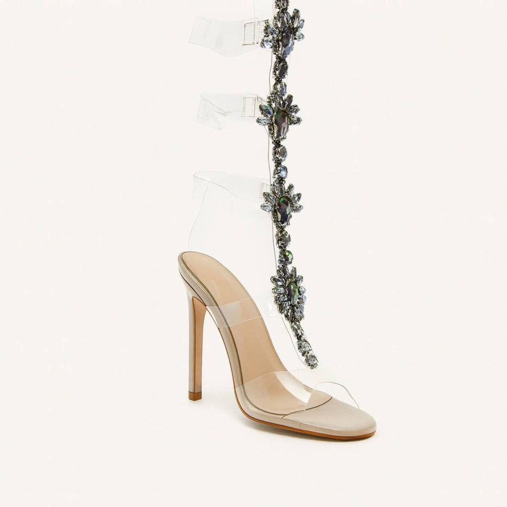 Front view of Crystal Veil Stiletto Heel with clear straps and crystal embellishment by Oh! Divine Fashion