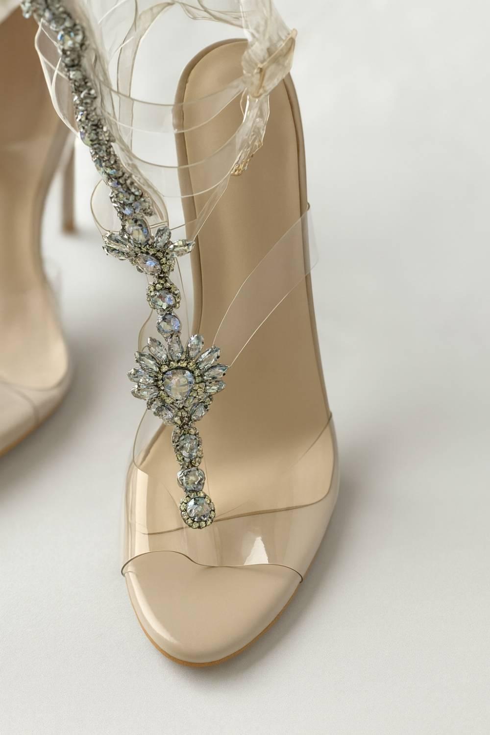 Close-up of gemstone detailing on Crystal Veil Stiletto Heel showing iridescent crystal accents