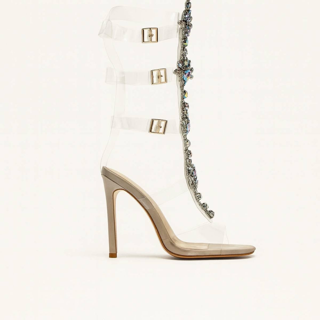 Side profile of Crystal Veil Stiletto Heel showing transparent PVC design and jewelled detailing