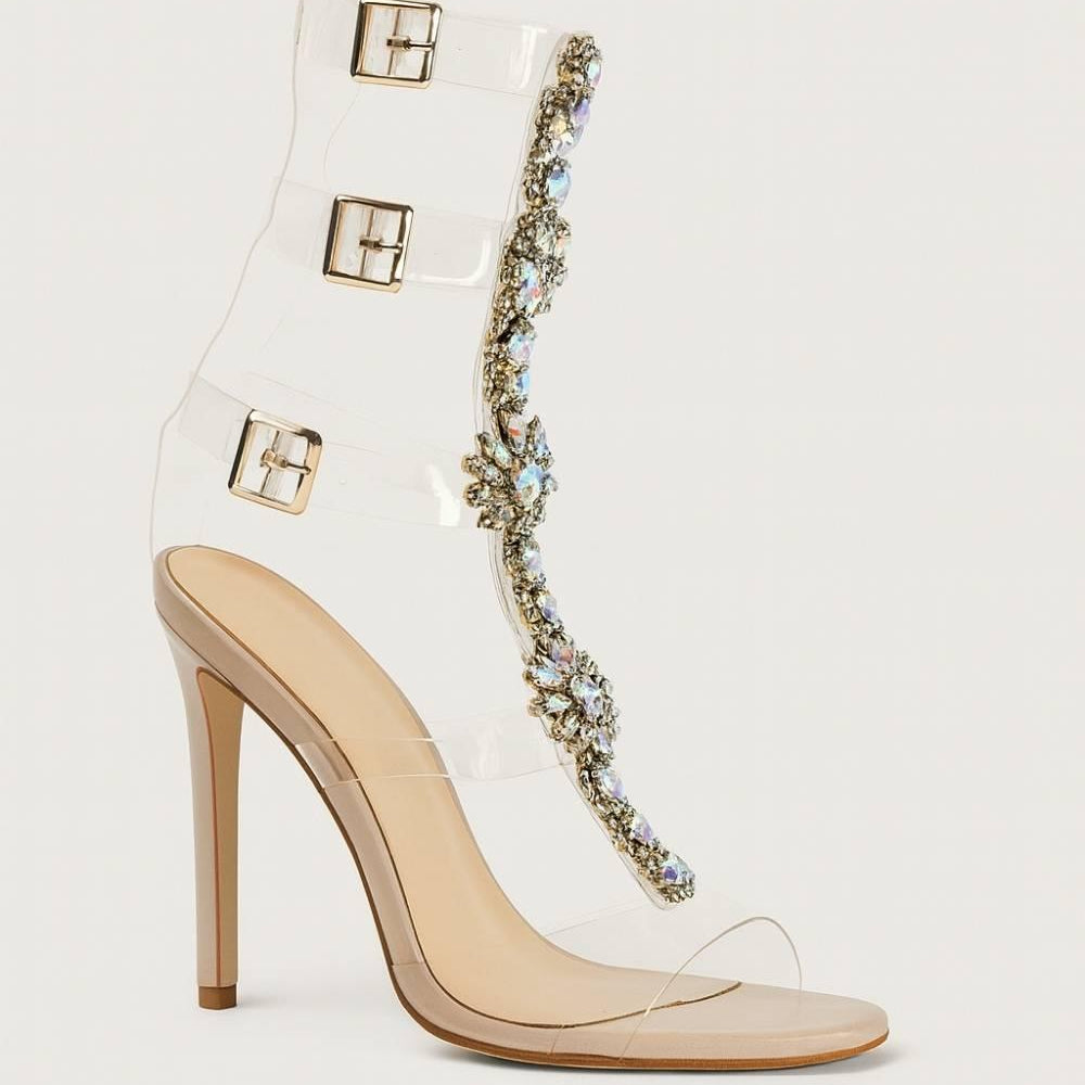 Three-quarter view of Crystal Veil Stiletto Heel displaying jewelled crystal trim and high arch