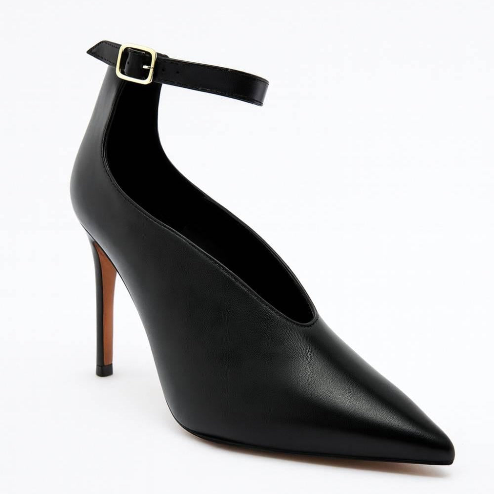 Studio shot of Divina Ankle Grace Stiletto in black leather finish for timeless elegance.